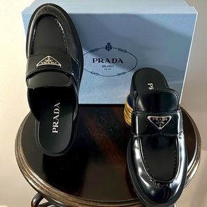 PRADA LEATHER LOGO LOAFER MULES